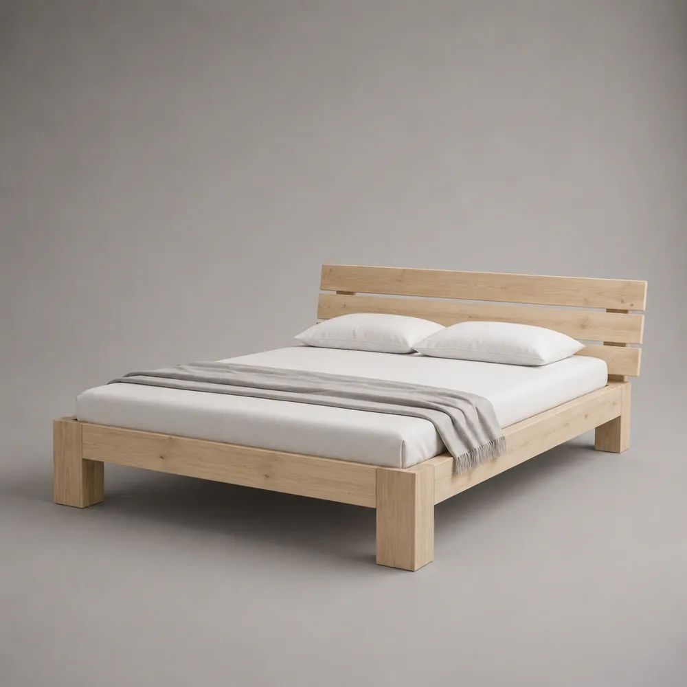 Cadre de lit double 160 × 200 cm en bois massif avec sommier à lattes et tête de lit, bois naturel