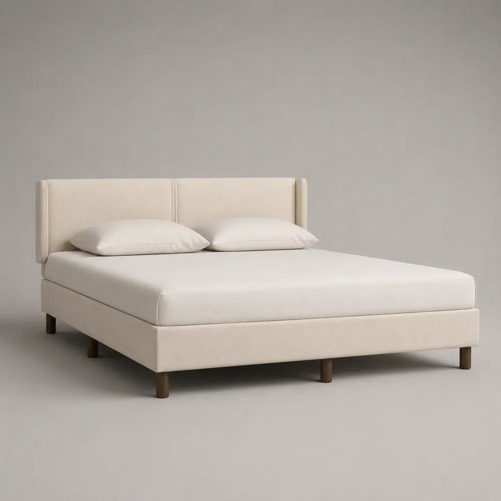 Lit double rembourré en polyester beige crème 160 x 200 cm avec tête de lit et sommier à lattes, 174 x 215 x 105 cm