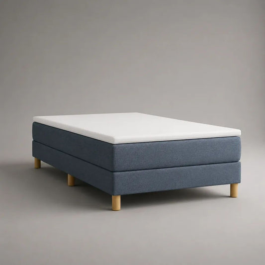 Lit continental 3 pièces avec sommier, matelas et surmatelas 160 × 200 cm, ressorts ensachés, tissu bleu et blanc