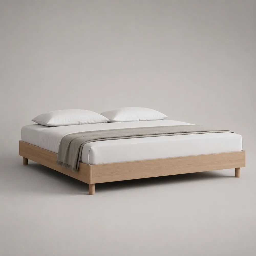 Lit double bas rectangulaire en bois, chêne clair, 168 × 208 × 35 cm, couchage 160 × 200 cm