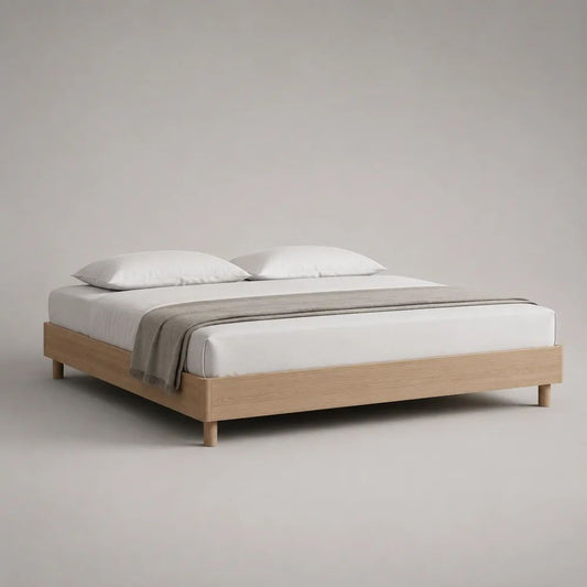 Lit double bas rectangulaire en bois, chêne clair, 168 × 208 × 35 cm, couchage 160 × 200 cm
