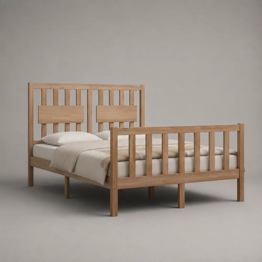 Cadre de lit double en bois massif brun naturel 140 × 190 cm avec tête et pied de lit à barreaux