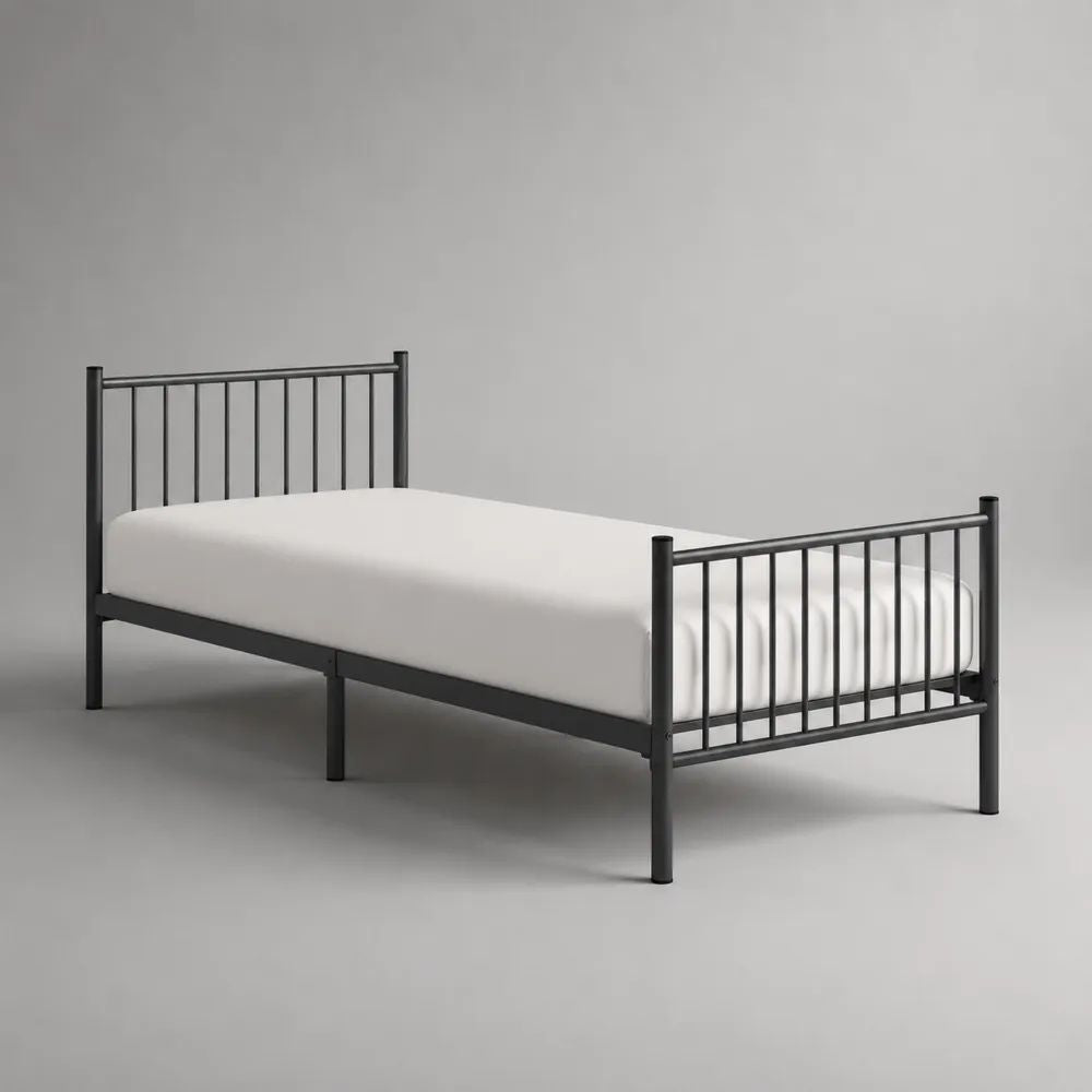 Lit double en acier noir avec sommier, couchage 140 × 190 cm, dimensions 198 × 145 × 90 cm