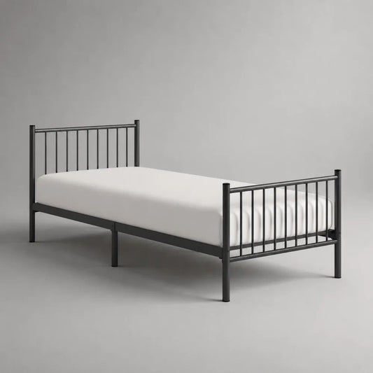 Lit double en acier noir avec sommier, couchage 140 × 190 cm, dimensions 198 × 145 × 90 cm