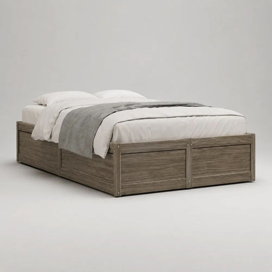 Lit double en bois gris avec 6 tiroirs, couchage 160 x 200 cm, dimensions 207 x 167 x 45 cm, pin massif et MDF, sans tête de lit