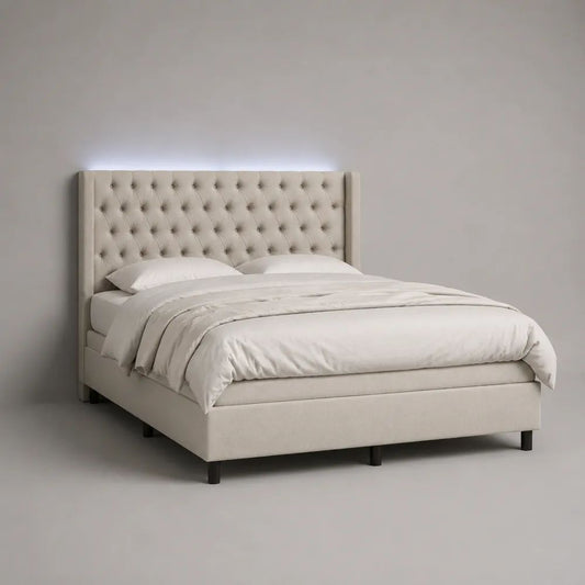 Lit double rembourré 160 x 200 cm en polyester beige avec tête de lit capitonnée et éclairage à DEL