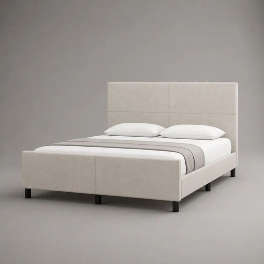 Lit double rembourré en tissu beige avec tête de lit et sommier à lattes, couchage 160 x 200 cm, dimensions 218 x 170 x 120 cm