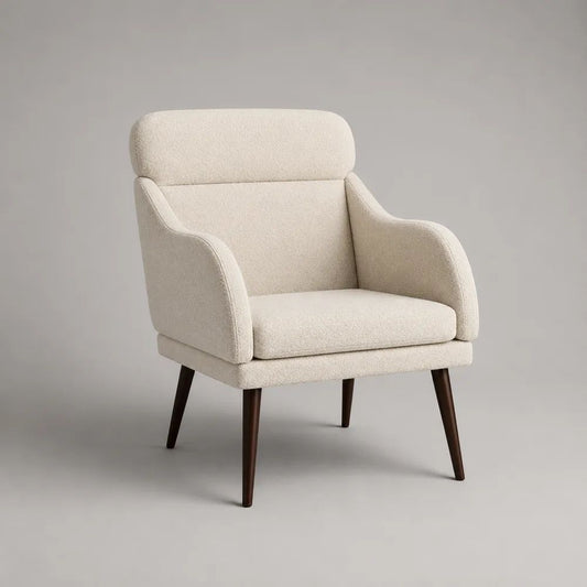 Fauteuil 1 place en tissu bouclé écru avec pieds en bois brun foncé, 78 × 82 × 98 cm