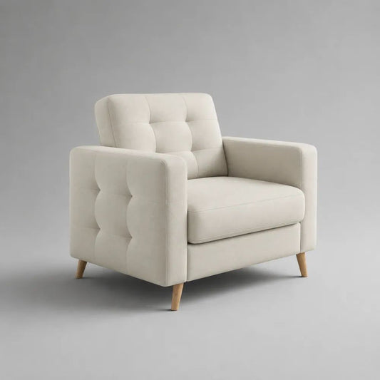 Fauteuil de salon 1 place en tissu écru capitonné avec pieds en bois, 94 × 88 × 92 cm