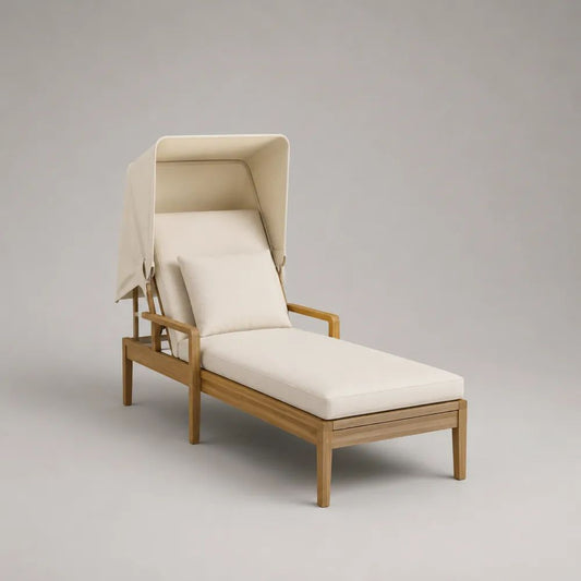 Bain de soleil inclinable en acacia massif avec matelas, coussin et pare-soleil pliable, beige et bois naturel, 200 × 75 × 160 cm