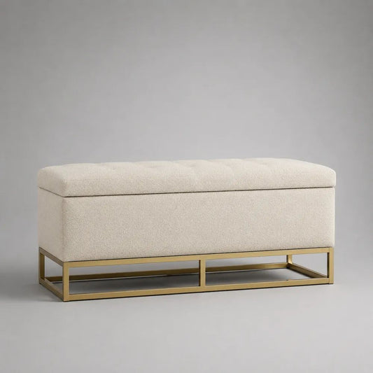 Banc coffre de rangement rectangulaire rembourré en tissu bouclé et acier, ivoire et doré, 110 x 40 x 50 cm